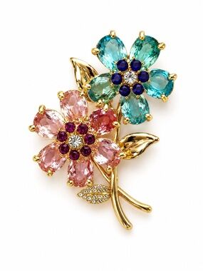 Floral Crystal Brooch in Pink and Teal